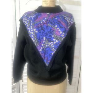 Vintage 80s 90s In Phase Black Knit Sweater Funky Fabric Inset Sz Small USA Made